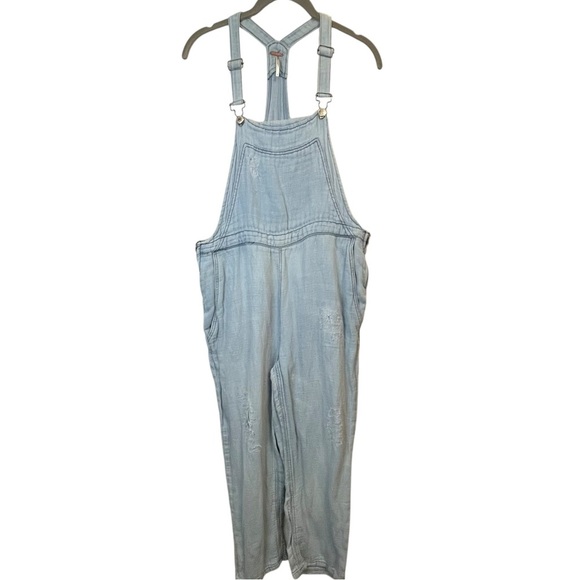 Free People Distressed Linen
Bib Overalls Chambray Cropped Boho Relaxed Fit SZ S - Picture 3 of 15